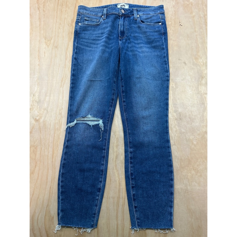 Paige Verdugo Crop Skinny Jeans Medium Wash Distressed Raw Hem Size 30
